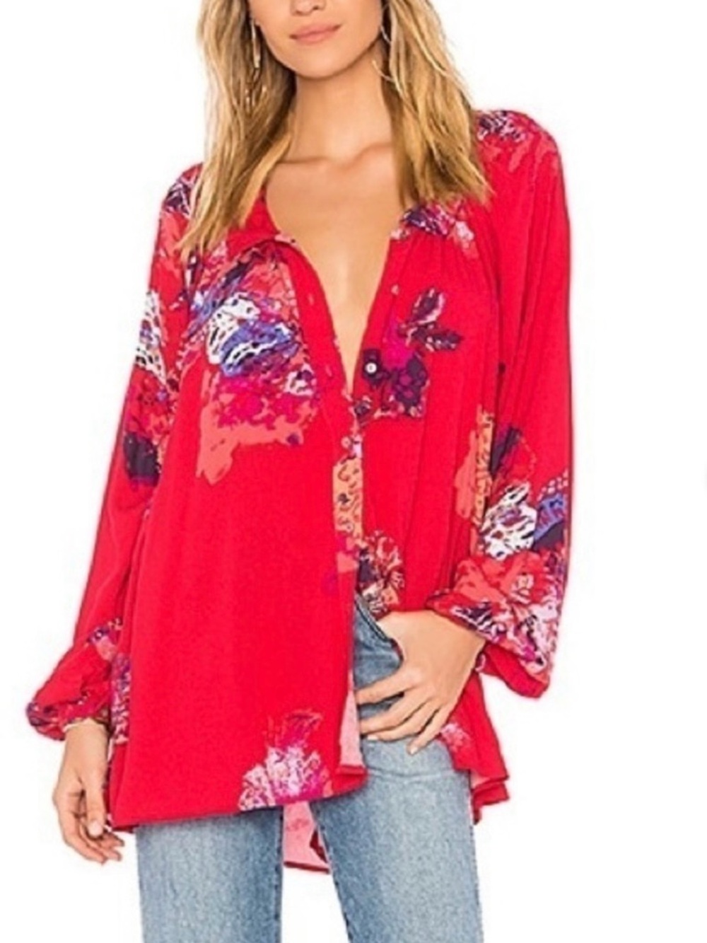 Free People Meadow Lark Red Floral Button Down